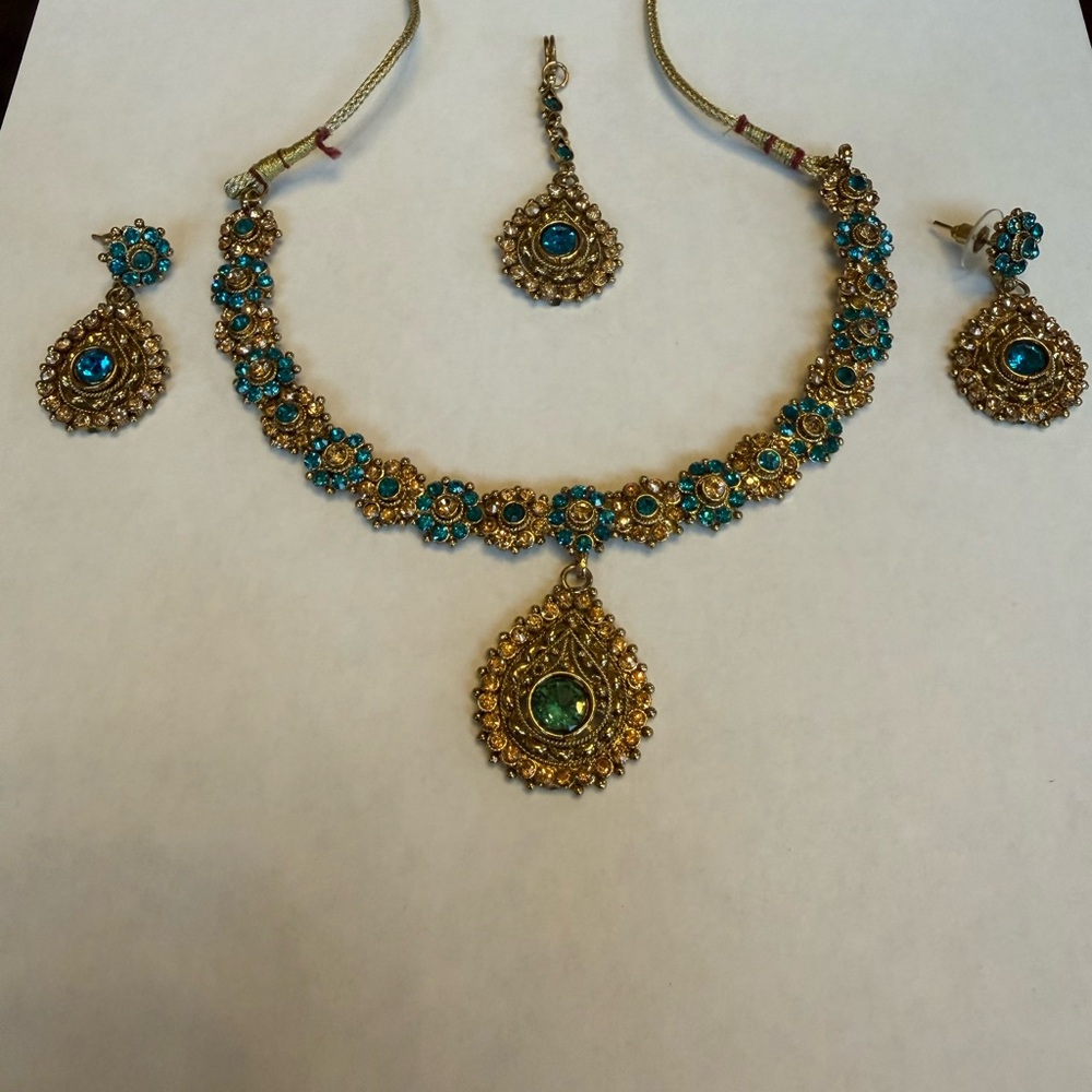 4pc Indian Jewelry Set Gold/Teal Blue